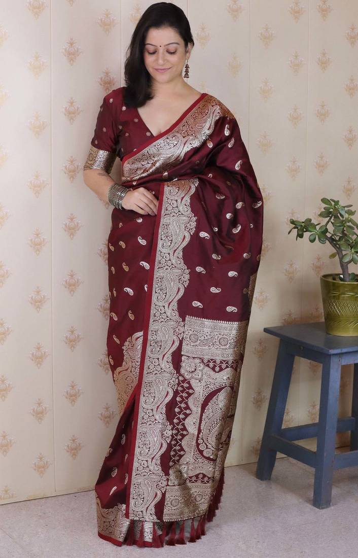 maroon banarasi soft art silk saree with unstiched blouse