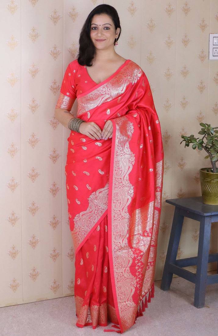red banarasi soft art silk saree with unstiched blouse