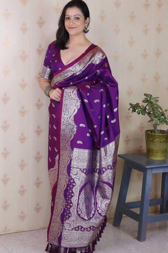 violet banarasi soft art silk saree with unstiched blouse