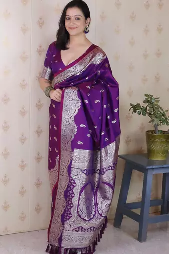 violet banarasi soft art silk saree with unstiched blouse