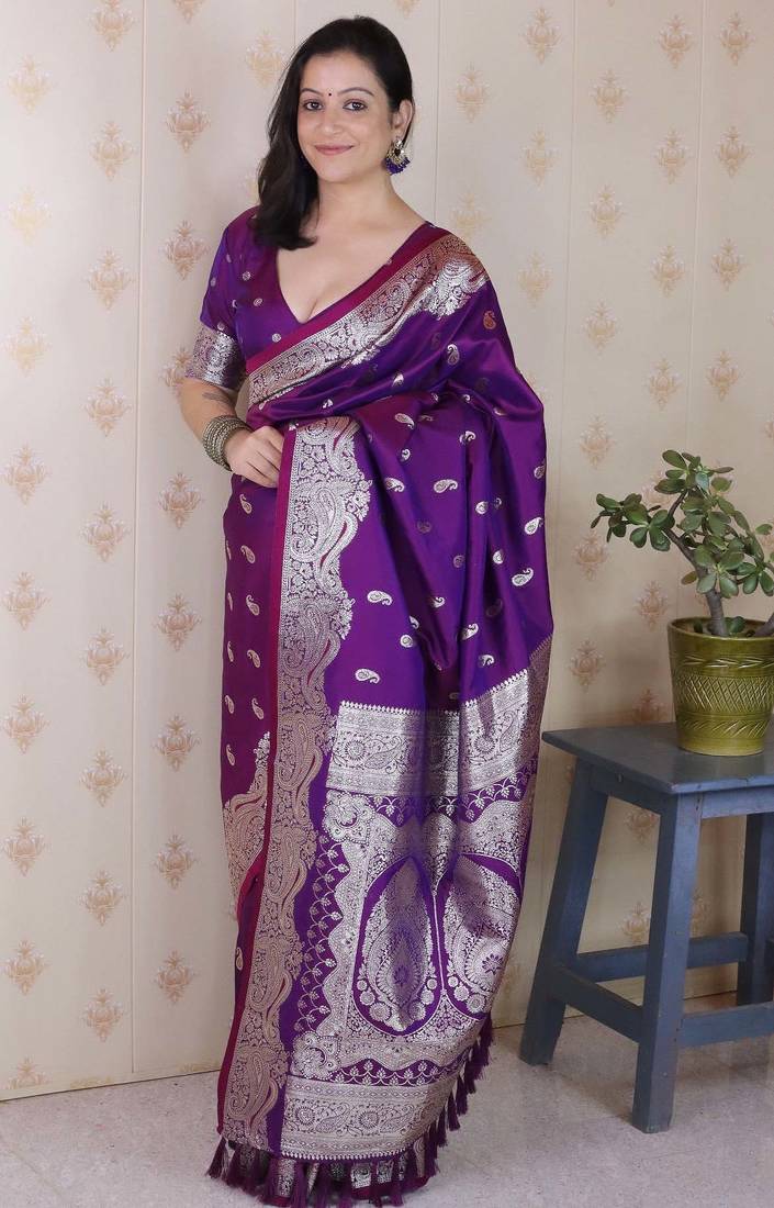 violet banarasi soft art silk saree with unstiched blouse