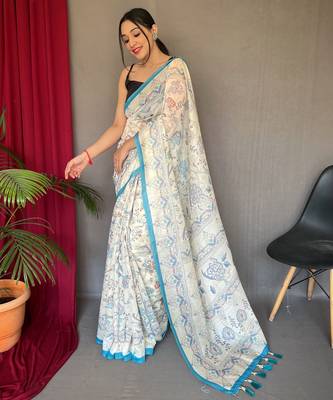 Off white printed cotton saree with blouse piece 1