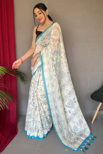 Off white printed cotton saree with blouse piece