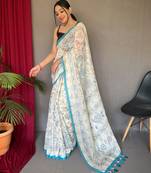 Off white printed cotton saree with blouse piece