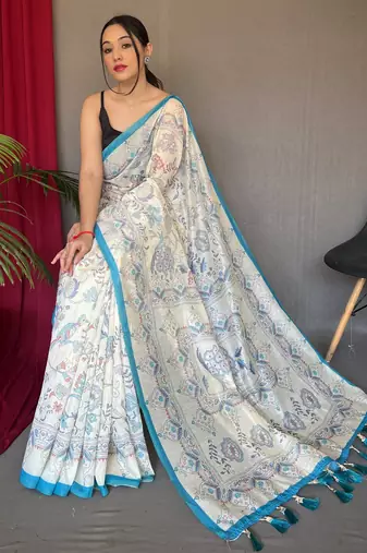 Off white printed cotton saree with blouse piece