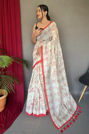 Off white printed cotton saree with blouse piece