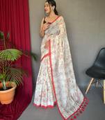 Off white printed cotton saree with blouse piece