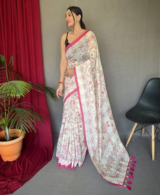 Off white printed cotton saree with blouse piece 1