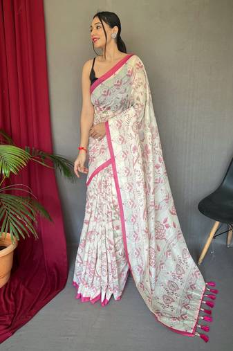 Off white printed cotton saree with blouse piece