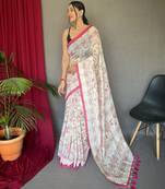 Off white printed cotton saree with blouse piece