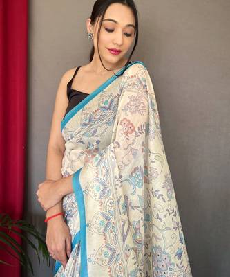 Off white printed cotton saree with blouse piece 3