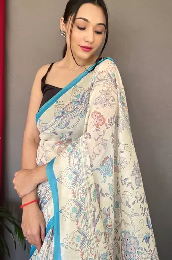 Off white printed cotton saree with blouse piece