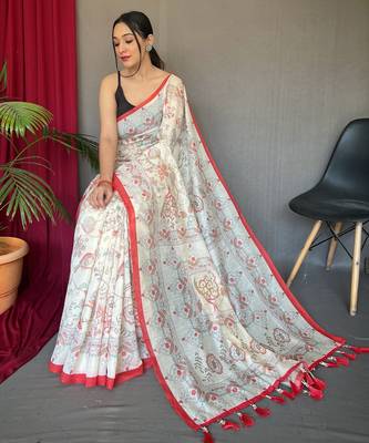 Off white printed cotton saree with blouse piece 2