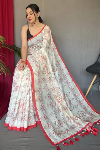 Off white printed cotton saree with blouse piece