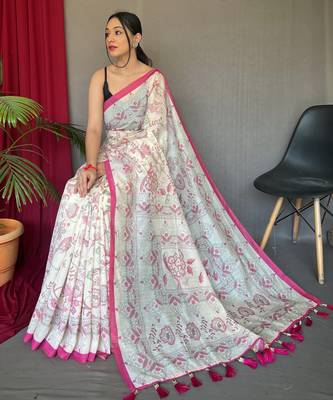 Off white printed cotton saree with blouse piece 2