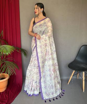 Off white printed cotton saree with blouse piece 1