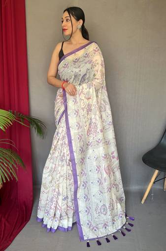 Off white printed cotton saree with blouse piece