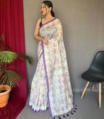 Off white printed cotton saree with blouse piece