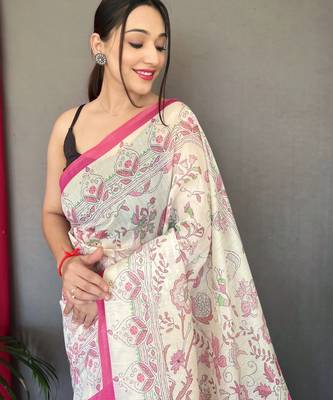 Off white printed cotton saree with blouse piece 3