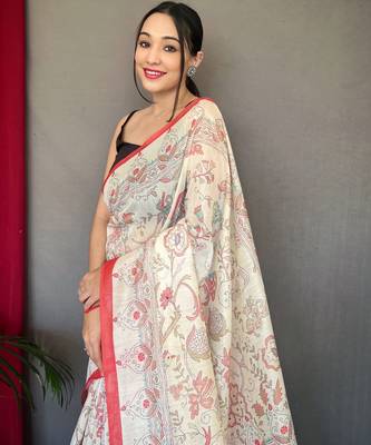 Off white printed cotton saree with blouse piece 3