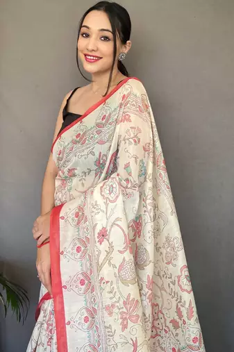 Off white printed cotton saree with blouse piece