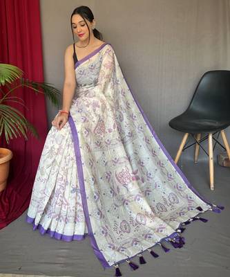 Off white printed cotton saree with blouse piece 2