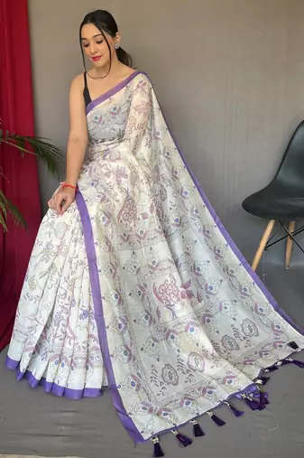 Off white printed cotton saree with blouse piece