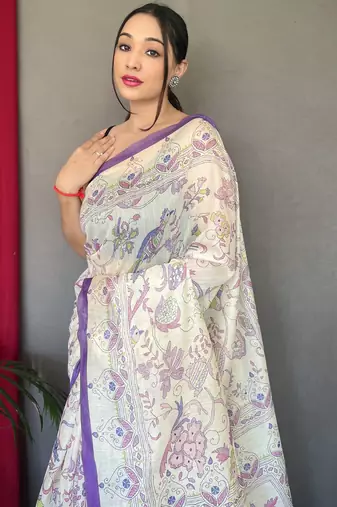 Off white printed cotton saree with blouse piece