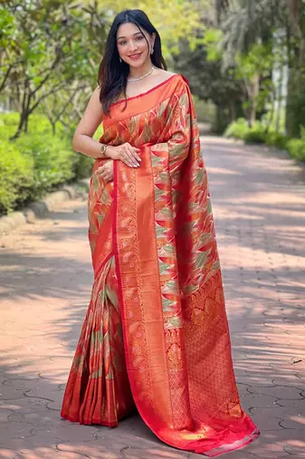 Orange woven kanchipuram silk saree with blouse piece