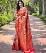 Orange woven kanchipuram silk saree with blouse piece