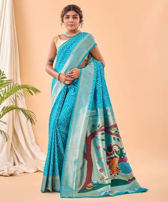 Blue woven silk saree with blouse piece 1