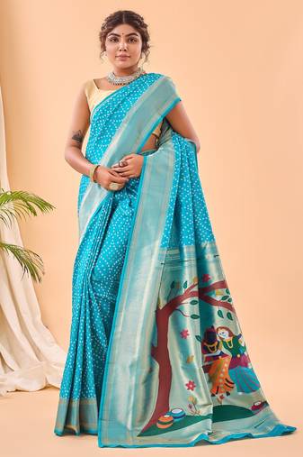 Blue woven silk saree with blouse piece