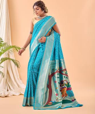 Blue woven silk saree with blouse piece 2