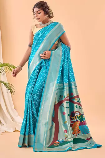 Blue woven silk saree with blouse piece