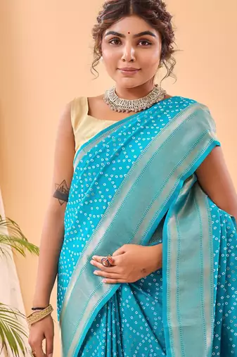 Blue woven silk saree with blouse piece