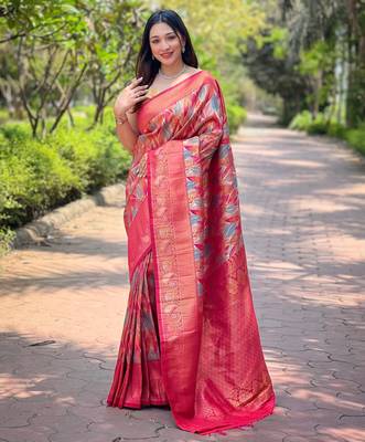 Red woven kanchipuram silk saree with blouse piece 1