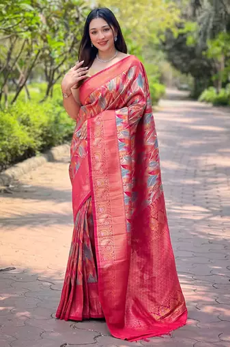 Red woven kanchipuram silk saree with blouse piece