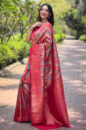 Red woven kanchipuram silk saree with blouse piece