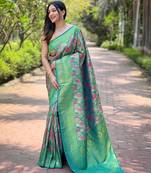 Green woven kanchipuram silk saree with blouse piece