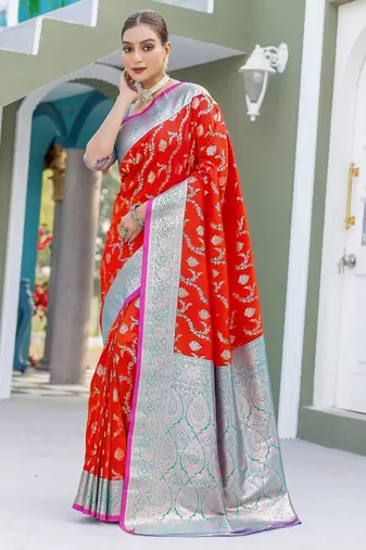 Red woven banarasi saree with blouse piece