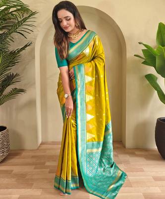 Mustard woven kanchipuram silk saree with blouse piece 1