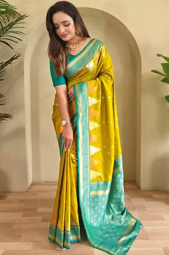 Mustard woven kanchipuram silk saree with blouse piece