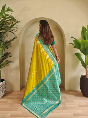 Mustard woven kanchipuram silk saree with blouse piece 2