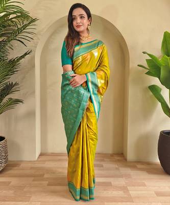 Mustard woven kanchipuram silk saree with blouse piece 3