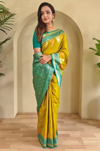 Mustard woven kanchipuram silk saree with blouse piece