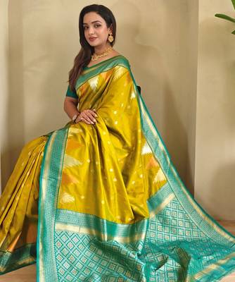 Mustard woven kanchipuram silk saree with blouse piece 4