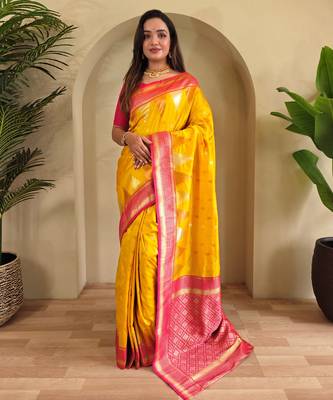 Yellow woven kanchipuram silk saree with blouse piece 1
