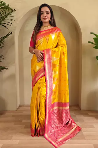Yellow woven kanchipuram silk saree with blouse piece