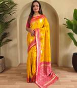 Yellow woven kanchipuram silk saree with blouse piece