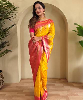 Yellow woven kanchipuram silk saree with blouse piece 3